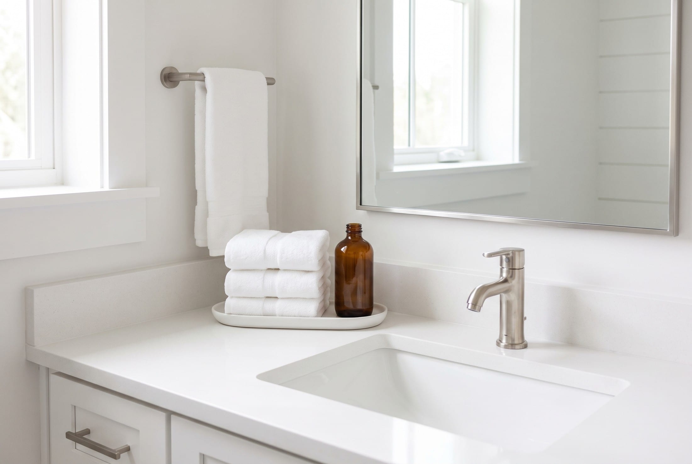 A guest bathroom finished to Veyra's standard: folded towels, polished fittings and a streak-free mirror.