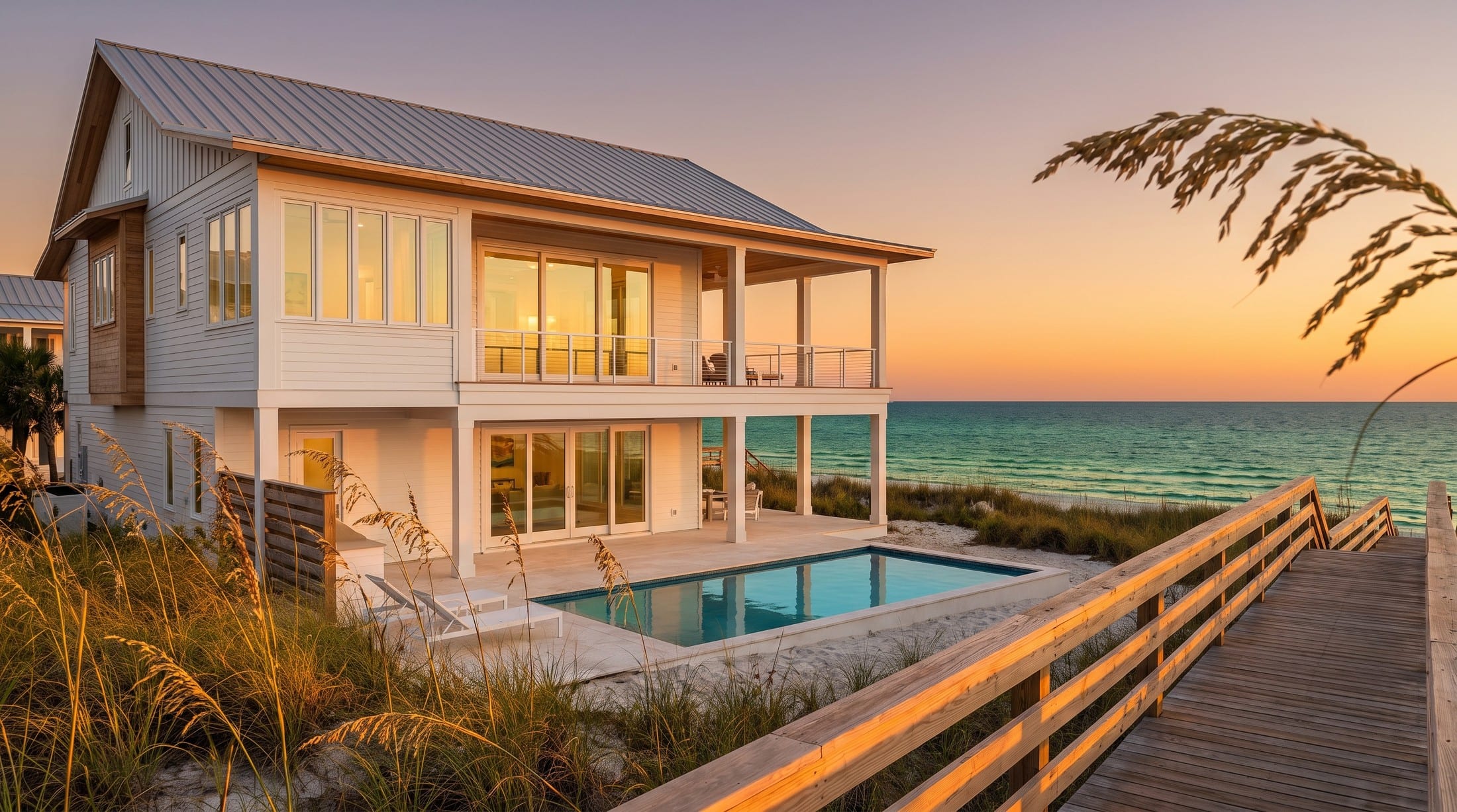 A Gulf-front Florida beach house with balconies and a pool, prepared for the owner's arrival.