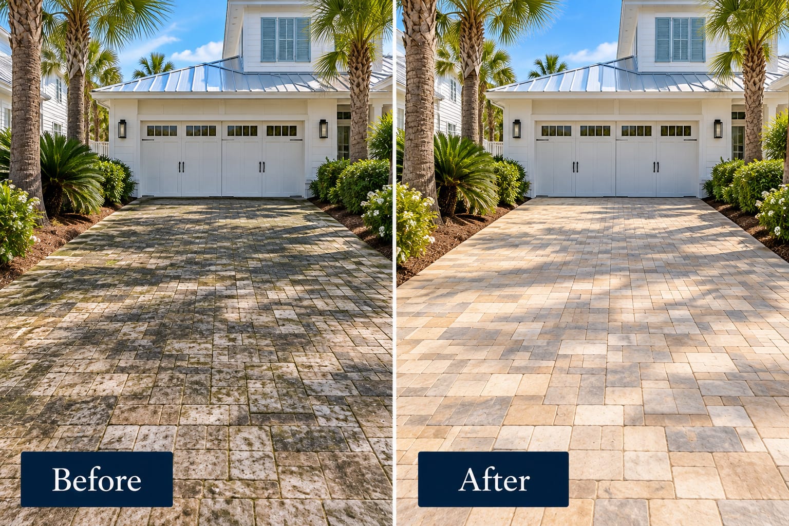Side-by-side comparison of a paver driveway at a white coastal home with a metal roof and palms: the pavers darkened by green and grey growth on the left, and their warm original tone restored on the right.