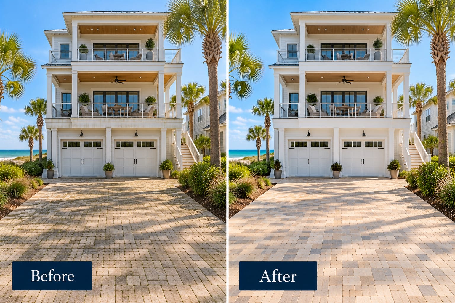 Side-by-side comparison of a three-storey white Gulf-front beach house and its paver approach: the paving dulled and grey-green with organic growth on the left, and the paver colour even and clean on the right.