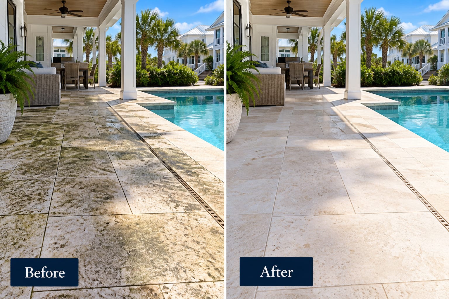Side-by-side comparison of a covered pool deck in pale stone beside a turquoise pool: the stone darkened with green and black organic growth on the left, and an even pale finish on the right.