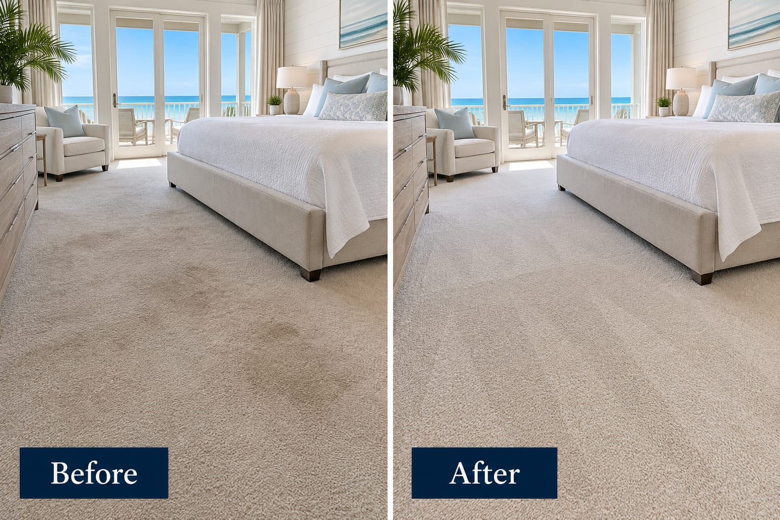 Side-by-side comparison of cream bedroom carpet in a Gulf-front room with a balcony and sea view: the pile marked with traffic soiling on the left, and clean and even on the right.