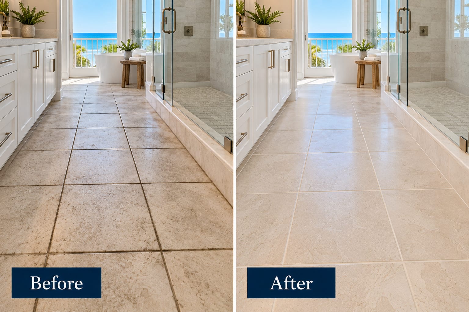 Side-by-side comparison of a stone tile bathroom floor in a Gulf-front bathroom: the grout lines darkened and discoloured on the left, and clean pale grout on the right.
