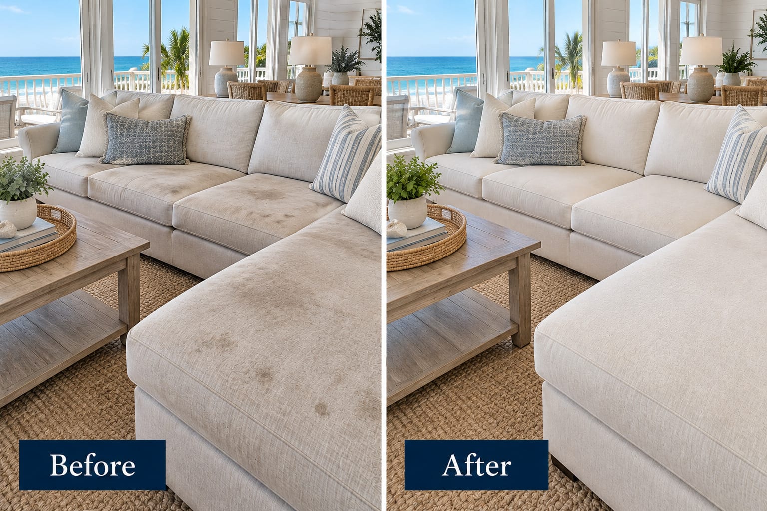 Side-by-side comparison of a cream sectional sofa in a Gulf-front living room: the seat and chaise marked with staining on the left, and the fabric clean and even on the right.