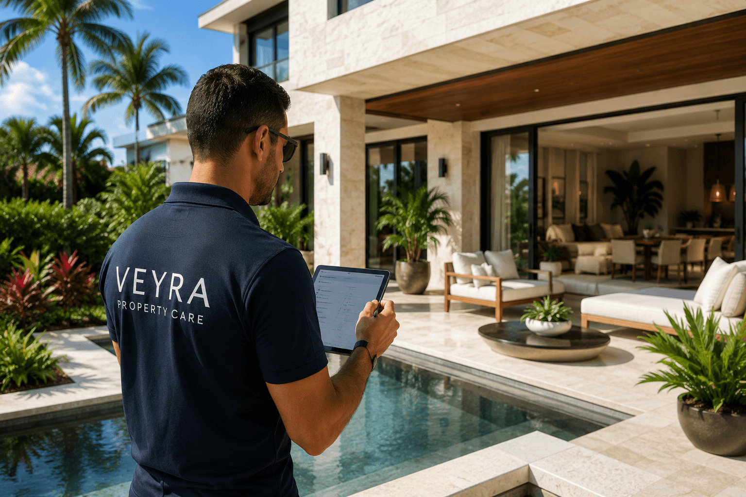A Veyra Property Care team member recording the condition of a property on a tablet beside the pool.